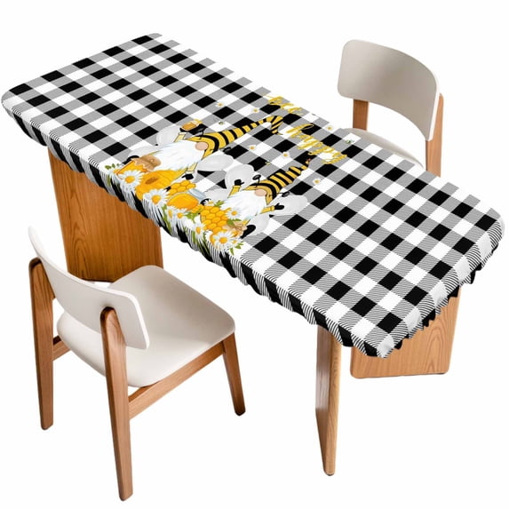 Daisy Bees Gnomes Table Cloths for 8 Foot Rectangle Tables, Black White Plaid Farmhouse Patio Waterproof Elastic Fitted Tablecloths, Washable Rectangular Table Cover for Camping