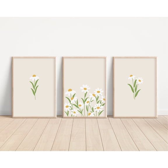 Daisy Beige Flower Wall Art Room Set 3 Unframed Paper Print 8x12