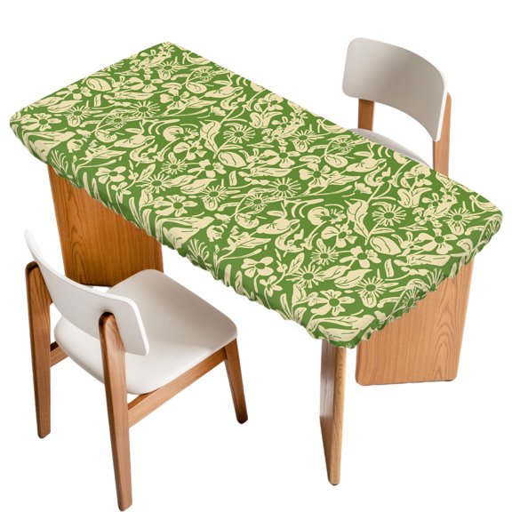 Daisy Beige Silhouette Fitted Rectangle Tablecloth 24" x 36" Retro Classic Green Backdrop Elastic Table Cloth Fits for 3 Foot Folding Tables Waterproof Table Cover for Picnic Camping Outdoor