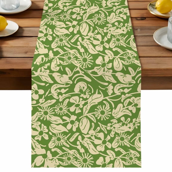 Daisy Beige Silhouette Table Runner, Retro Classic Green Backdrop Cotton Linen Table Cloth, Tablerunner for Kitchen Dining Party Wedding Home Decor 13x36 Inch