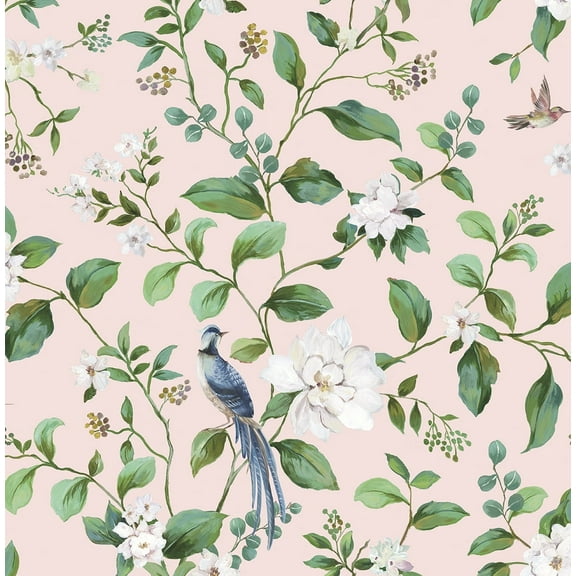 Daisy Bennett Designs Blush Chinoiserie Bird Vine Premium Matte Non-Woven Peel and Stick Wallpaper - 20.5 in. W x 18 ft. L Roll