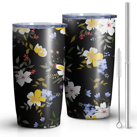 Daisy Black 20oz Tumbler Stainless Steel Double Wall Vacuum Insulated Coffee Mug Travel Cups for Wife Mom Daughter Sister Friend Coworker, Metal Straws and Brush