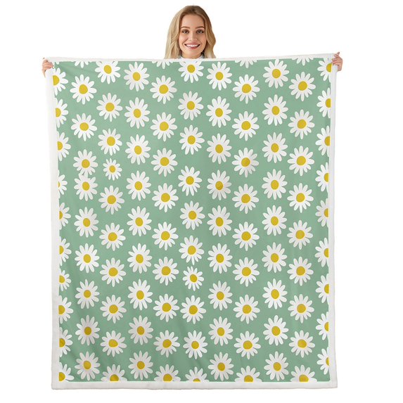 Daisy Blanket Daisy Floral Green Throw Blanket,Hippie Aesthetic Teen Fleece Blanket Rustic Farmhouse Blossom Floral Fuzzy Blanket Girly Spring Themed Sherpa Blanket 40"x50"
