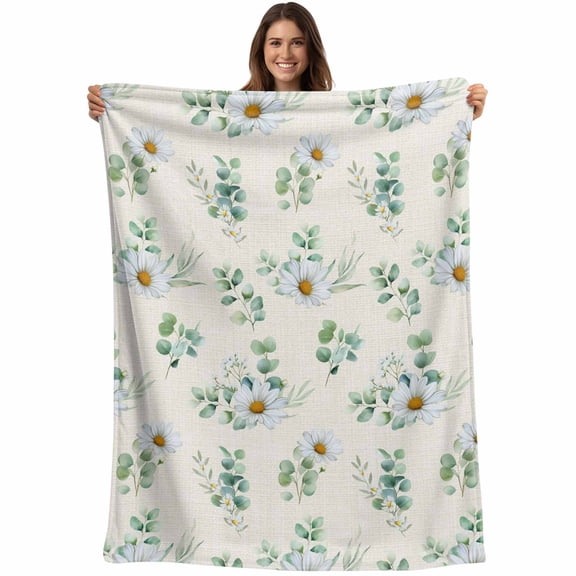 Daisy Blanket Soft Cozy Warm Throw Blanket for Couch, Plush Fuzzy Flannel Fleece Blankets for Sofa, Spring Flowers Eucalyptus Leaves Botanical Beige Bed Blankets Lightweight Gifts for Women, 30"x40"