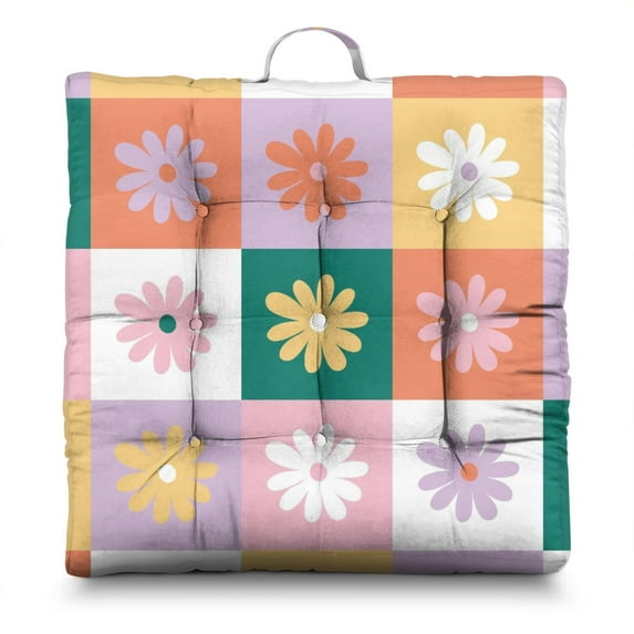 Daisy Bloom Floor Seating Pad - 24" Thick Japanese-Style Zabuton, Artistic Daisy Illustration, Nine-Point Stitching for Stability
