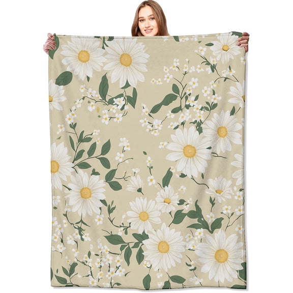 Daisy Bloom Flower Blanket White Floral Throw Blankets with Green Leaves,Birthday Gifts for Women Girls,Lightweight Soft Fleece,for Sofa Couch Bed Room Spring Artistic Decor 40x50in