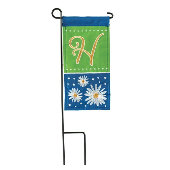 Daisy Blue Green Monogrammed H 8.5 x 4 Burlap Mini House Flag