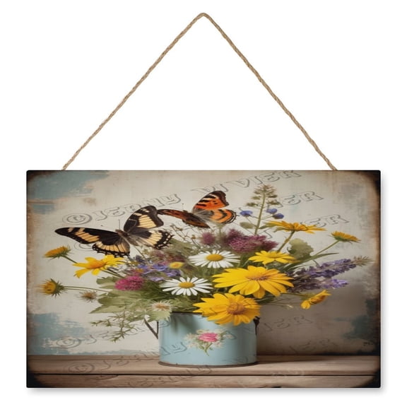 Daisy Bouquet Wall Art Wooden Sign Spring Flower Decor Vintage Pictures for Bedroom Bathroom Kitchen Wall Decorations Bar Interior Decor 10"x16" Wooden Hanging Signs