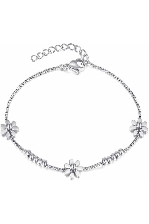 Daisy Bracelet Gold Titanium Steel Sunflower Bracelet for Women Lucky Beaded Flower Bracelet Link Adjustable Dainty Jewelry Gifts