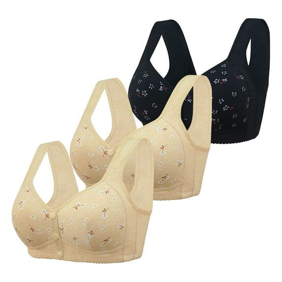 Daisy Bras for Older Women 3 Pack Cotton Front Button Snap Bra Seniors Floral Lace Everyday Bras Unpadded Plunge No Underwire Bra Mother's Day Wirefree Front Closure Bras for Older Women