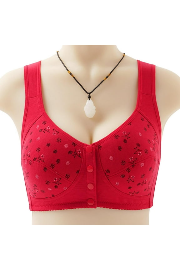 Daisy Bras for Older Women No Underwire Front Closure Comfort Senior Wireless Snap Closing Bra Floral Bras for Women Breathable T-Shirt No Wire Bra for Women Soft Comfortable Bras Red,48/110