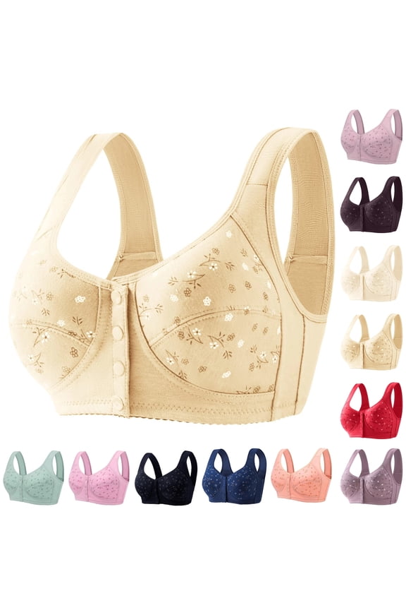 Daisy Bras for Older Women,Convenient Snap Front Close Button Cotton Bras,Full Support Wide Back No Underwire Bras,Complexion,34