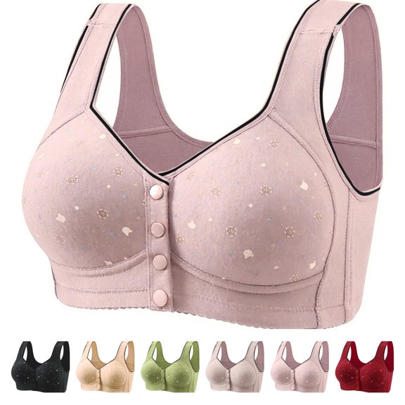 Daisy Bras for Older Women Front Closure Convenient Everyday Bras Mid Buttons Comfortable No Underwire Gathering Bras,Pink,42