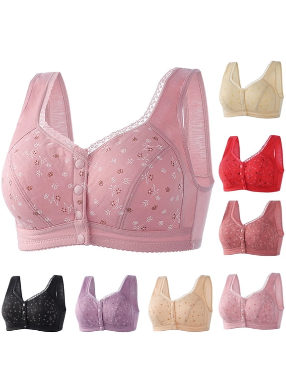 Daisy Bras for Older Women Front Closure No Underwire Comfortable Bra Breathable Push Up Full Coverage Bralette,Pink,48