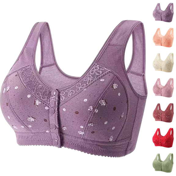 Daisy Bras for Older Women Front Closure No Underwire Plus Size Push Up Bra Comfy Supportive Snap Everyday Bras for Senior Purple 42