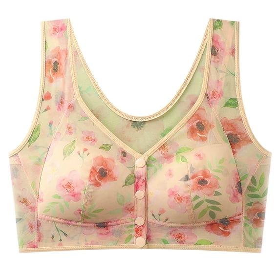 Daisy Bras for Older Women Oversized Padded No Underwire Snap Front Closure Full Coverage Comfort Senior Wireless Bralettes Beige L
