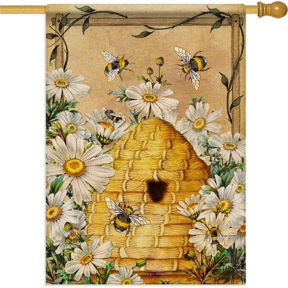 Daisy Bumble Bee Spring Summer Garden Flag, House Yard Lawn Decorative Small Flag Honeycomb Flower Home Outside Decoration Sign, Floral Hive Farmhouse Burlap Outdoor Welcome Decor Double Sided 12x18