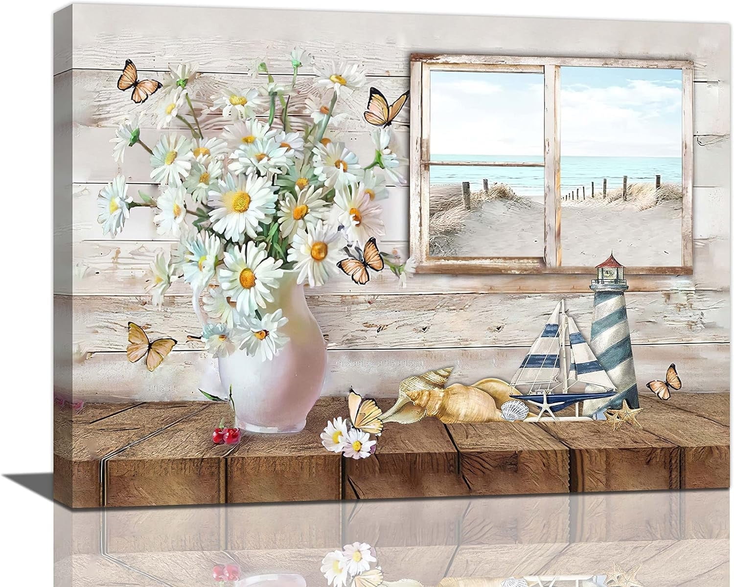 Daisy Butterflies Bathroom Wall Art Nautical Beach Pictures Rustic Floral Decor Flower Canvas Painting Seashell Decorations Framed Artwork for Bathroom Kitchen Bedroom 20"x16"