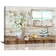 thumbnail image 1 of Daisy Butterflies Bathroom Wall Art Nautical Beach Pictures Rustic Floral Decor Flower Canvas Painting Seashell Decorations Framed Artwork for Bathroom Kitchen Bedroom 16"x12", 1 of 5