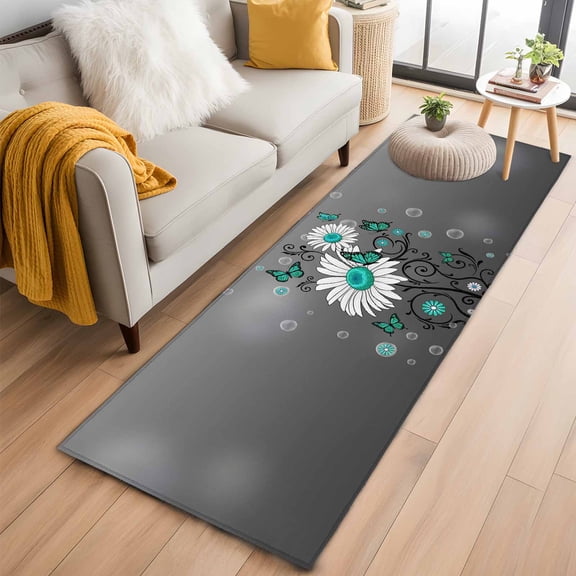 Daisy Butterfly 2'x6' Runner Rugs for Hallway Kitchen Bedside Non Slip, Spring Floral Teal Butterflies Modern Art Entryway Rug Runners with Rubber Backing, Long Carpet Runner for Laundry Room