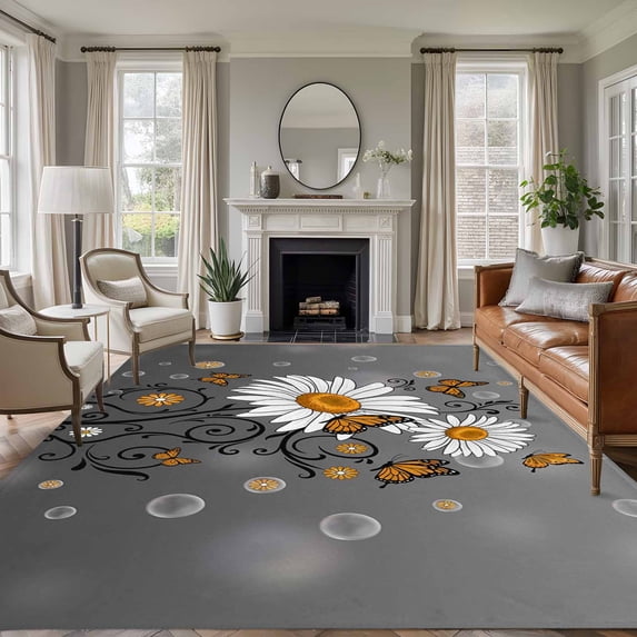 Daisy Butterfly Area Rugs 5'x8', Washable Small Throw Rugs for Classroom Bedroom, Spring Floral Butterflies Grey Modern Art Indoor Outdoor Rug Non-Slip Low Pile Carpet Runner Reversible Floor Mats