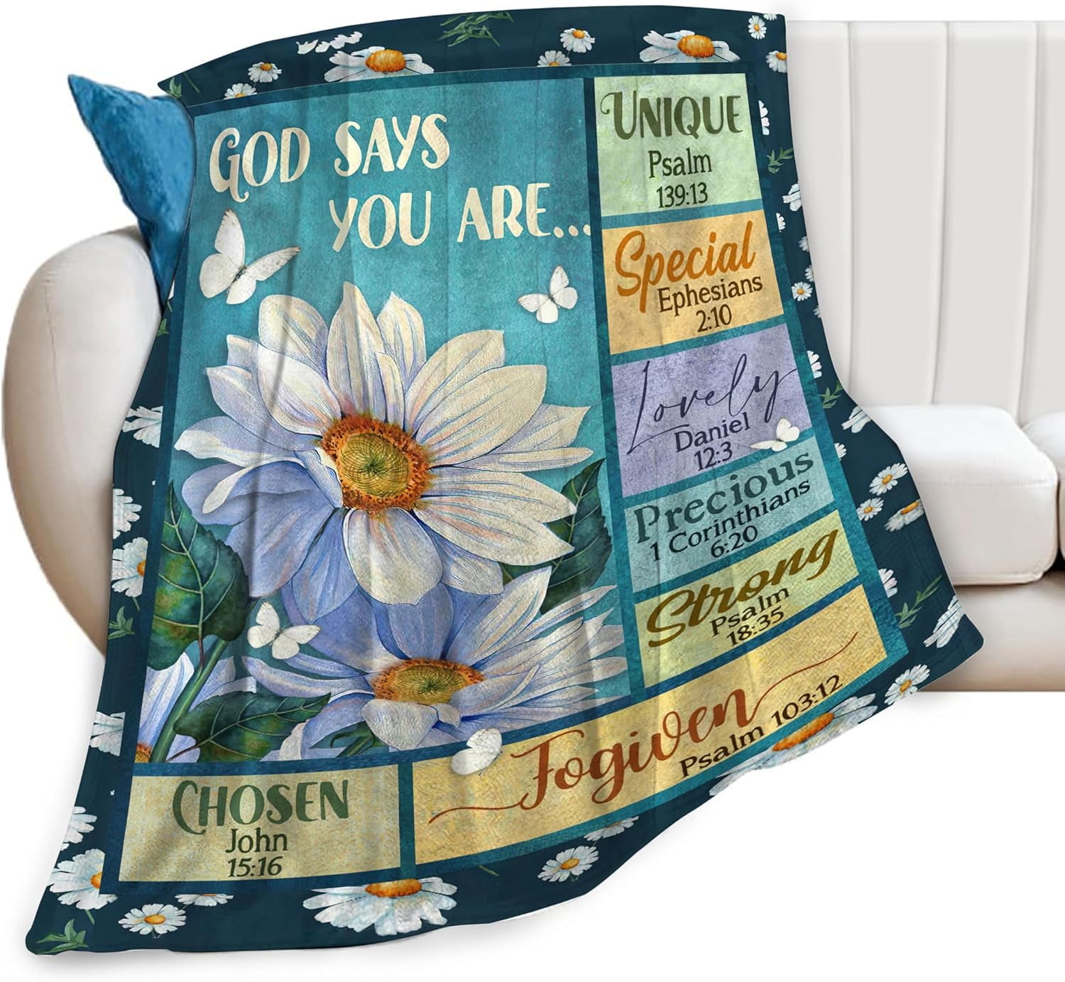 Daisy Butterfly Blanket Christian Bible Verse Scripture Prayer Inspirational Throw Blanket Gifts for Girls Boys Winter Bedding Super Warm Soft Plush Fleece Flannel Blanket for Kids Adult Women 50"x60"