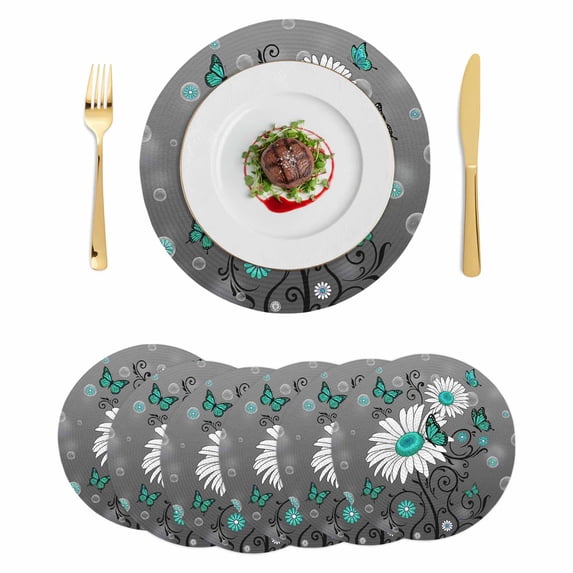 Daisy Butterfly Round 13 Inch Placemats Set of 6, Spring Floral Teal Butterflies Modern Art HeatResistant Non Slip Place Mats for Dining Table, Wipeable Braided Kitchen Table Mats for Housewarming