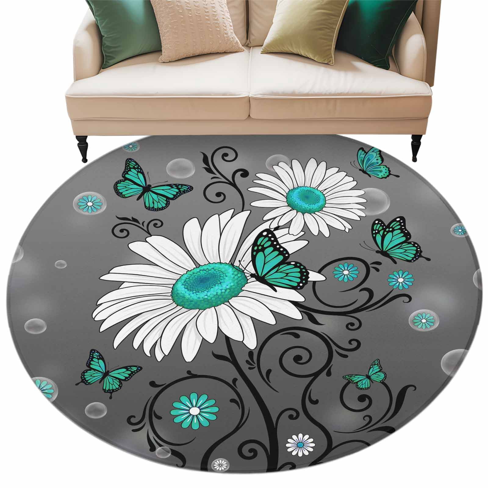 Naturestep Rug Butterfly Daisy Butterfly Round Rug 7ft Washable Circle Rugs Non Slip Spring ...
