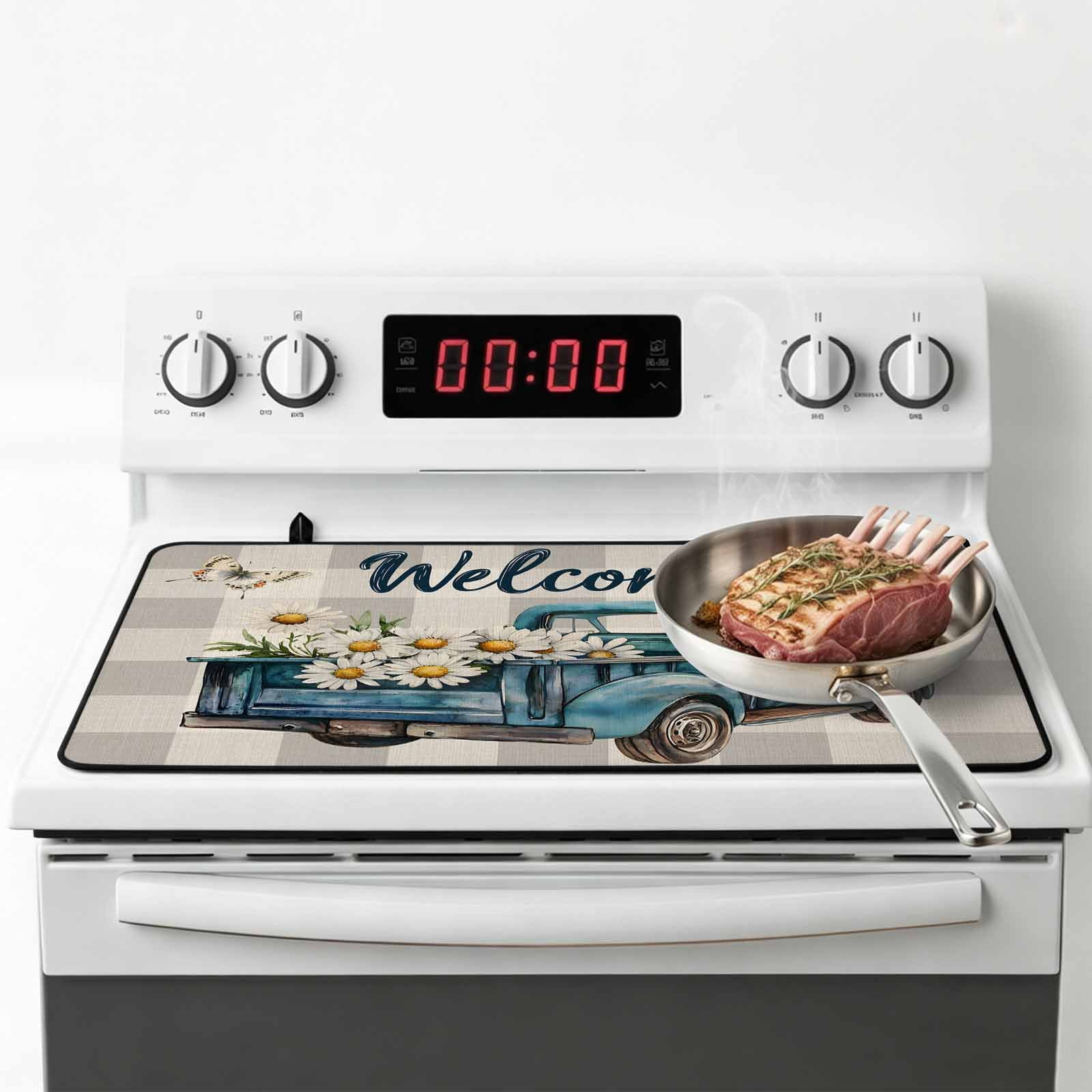 Daisy Butterfly Stove Top Cover for Electric Stove, Heat-proof & Non Slip Glass Top Stove Cover Protector, Blue Floral Truck Pastoral Grey Check Kitchen Flat Cooktop Rubber Mat 24x21 Inches