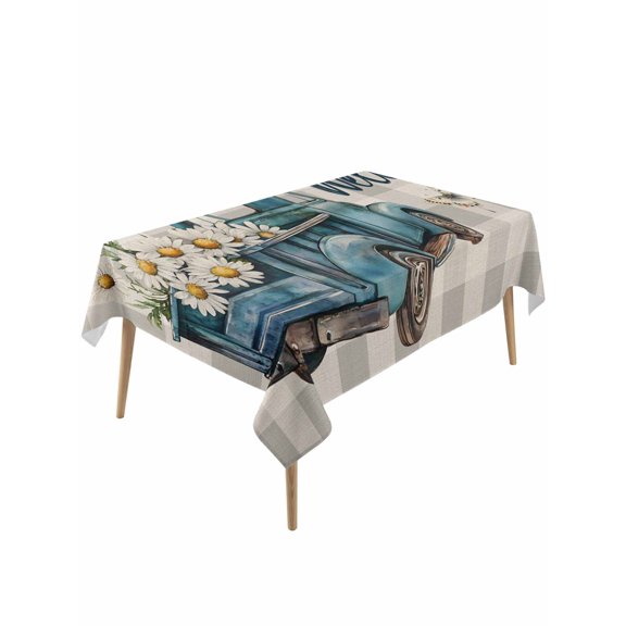 Daisy Butterfly Table Cloth, Blue Floral Truck Pastoral Grey Check Waterproof Tablecloth for Rectangle Tables, Reusable Washable Fabric Table Cover for Restaurant Kitchen Dining Tables 60"x120"