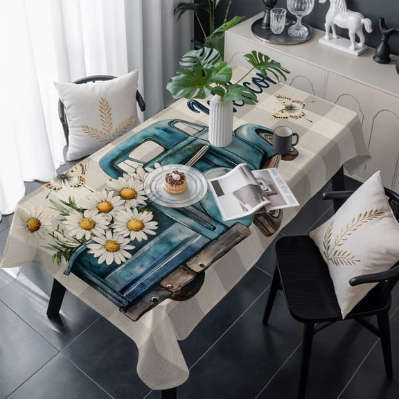 Daisy Butterfly Table Cloth Waterproof Tablecloths, Blue Floral Truck Pastoral Grey Check Tablecloth Dining Table Cover for Kitchen Party Tabletop Outdoor, Rectangle Tablecloth 60x120 Inch