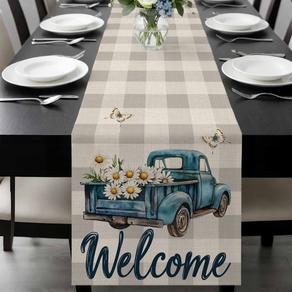 Daisy Butterfly Table Runner 72 Inches Long, Blue Floral Truck Pastoral Grey Check Kitchen Coffee Dining Table Decoration for Home Party Birthday Wedding Home Decor 13x72 Inches