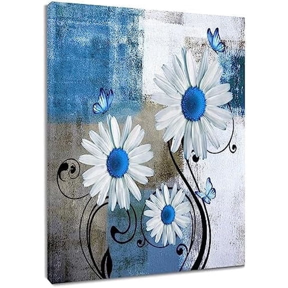 Daisy Butterfly Wall Art Blue Butterfly with Floral on Modern Abstract Background Canvas Wall Art,Vintage Flower Wall Art for Living Room Bathroom Bedroom Decor Ready to Hang, 16Lx12W Inches