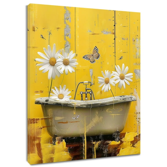Daisy Butterfly Wall Art Daisy Flower in Bathtub with Butterfly Canvas Wall Art Rustic Farmhouse Yellow Framed Wall Art for Living Room Bedroom Bathroom Home Decor Ready to Hang,12x12 Inches