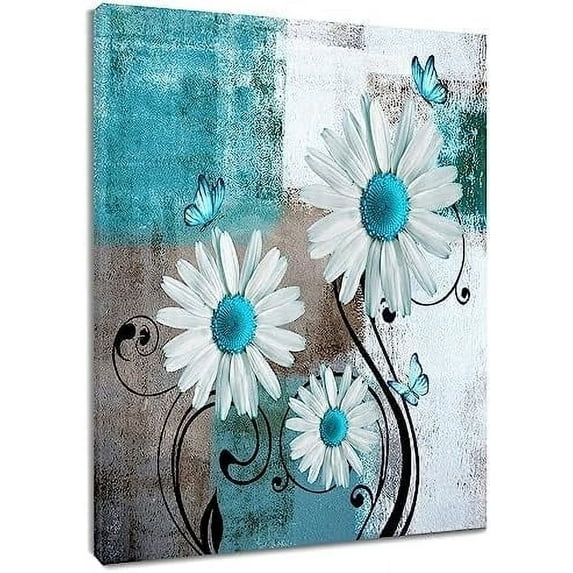 Daisy Butterfly Wall Art Teal Butterfly with Floral on Modern Abstract Background Canvas Wall Art,Vintage Flower Wall Art for Living Room Bathroom Bedroom Decor Ready to Hang, 16Lx12W Inches