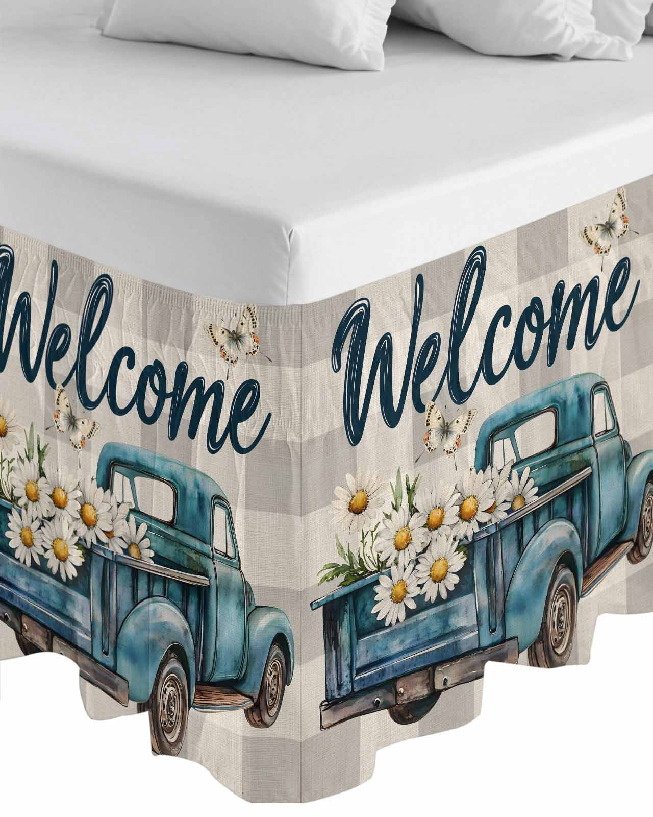 Daisy Butterfly Wrap Around Bed Skirts for Queen Bed 16" Drop,Bed Skirt with Adjustable Elastic Belt Dust Ruffle Bed Valance for Bedroom Hotel Blue Floral Truck Pastoral Grey Check Bed Frame Cover