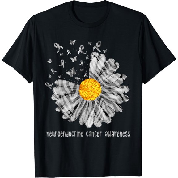 Daisy Butterfly Zebra Ribbon Neuroendocrine Cancer Awareness T-Shirt mens t shirt，black，women，funny，misfits，men，journey