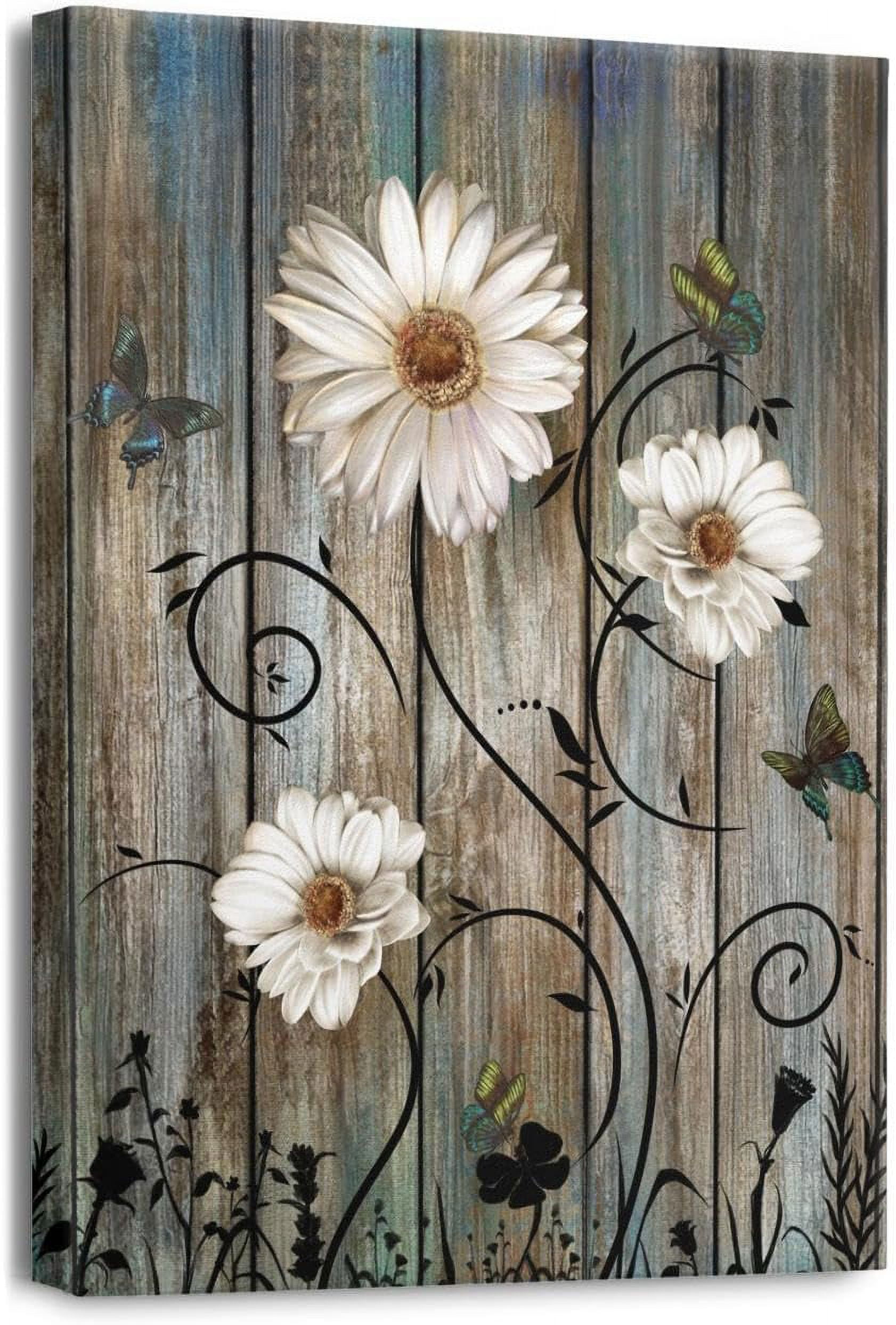 Daisy Canvas Pictures Bathroom Wall Art Modern Flower Bathtub Artwork Rustic Wood Board Background Wall Art Decor Living Room Bedroom Office Home Wall Decor Framed Ready to Hang yellow Size 12x16 inch
