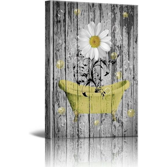 Daisy Canvas Pictures Bathroom Wall Art Modern Flower Bathtub Artwork Rustic Wood Board Background Wall Art Decor Living Room Bedroom Office Home Wall Decor Framed Ready to Hang yellow Size 12x16 inch