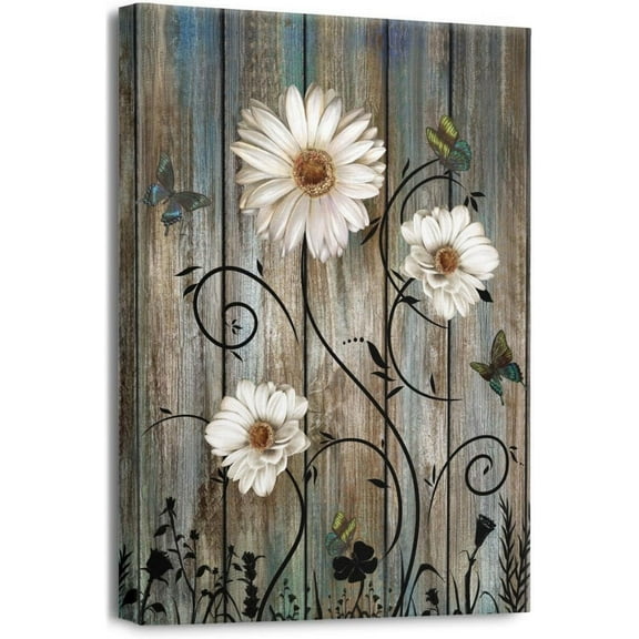 Daisy Canvas Pictures Bathroom Wall Art Modern Flower Bathtub Artwork Rustic Wood Board Background Wall Art Decor Living Room Bedroom Office Home Wall Decor Framed Ready to Hang yellow Size 12x16 inch
