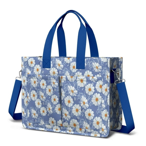 Daisy Canvas Tote Bag for Women with Compartments, Large Cute Floral Teacher Student Shoulder Bag Nurse Purses Crossbody Bags Work Laptop Book Bag Satchels Handbags
