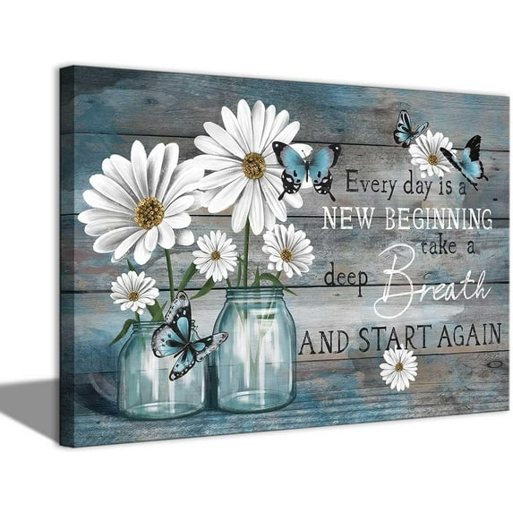 Daisy Canvas Wall Art Butterfly Wall Decor Inspirational Poster Print Flower Picture Painting Still Life Suitable for Country Farmhouse Bedroom Bathroom Rustic Wall Decoration (blue, 16x12in canvas)