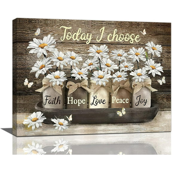 Daisy Canvas Wall Art Country White Daisies Butterfly Flowers Wall Decor Quotes Today I Choose Faith Hope Love Peace Joy Pictures Painting Prints Floral Framed Artwork Decor for Bathroom Bedroom