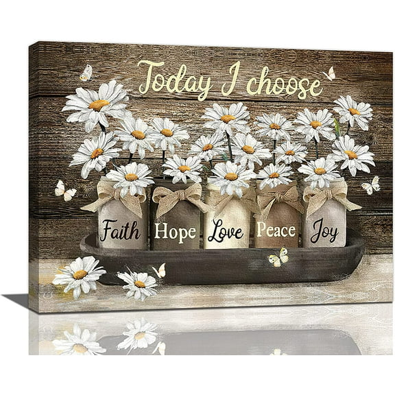 Daisy Canvas Wall Art Country White Daisies Butterfly Flowers Wall Decor Quotes Today I Choose Faith Hope Love Peace Joy Pictures Painting Prints Floral Framed Artwork Decor for Bathroom Bedroom 12x16