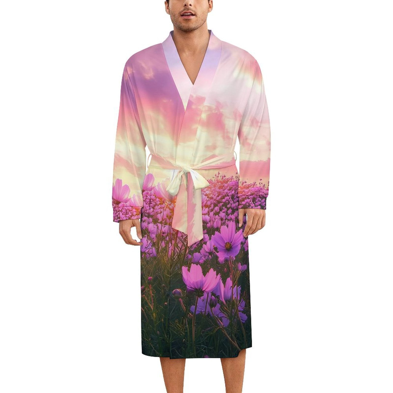 Daisy Chamomile Flowers Field Sunrise Men's Kimono Robe Milk Silk ...