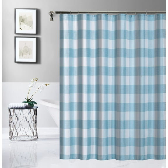 Daisy Check Waffle Shower Curtain Blue
