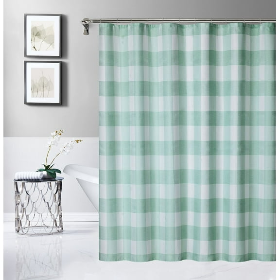 Daisy Check Waffle Shower Curtain Green