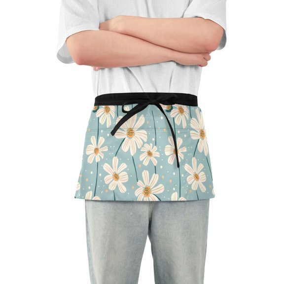 Daisy Chrysanthemum Flower Server Apron with 3 Pockets Waterproof Waitress Waist Short Apron for Man Woman 12 Inches