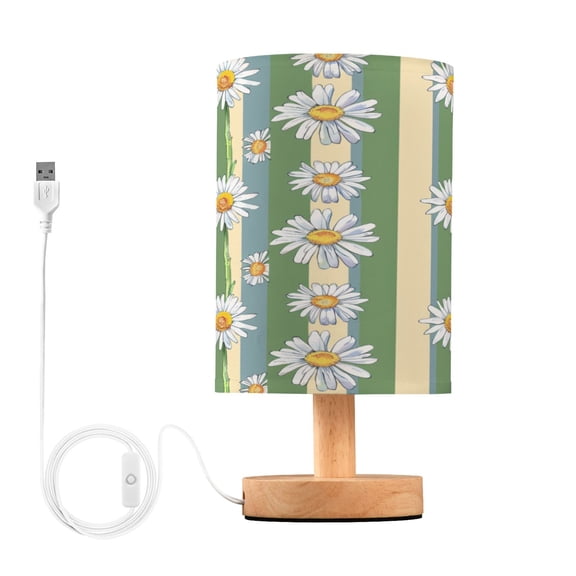 Daisy Chrysanthemum Flowers Stripe Bedside Table Lamp Desk Warm Lights with USB Charging Port Cylinder LED Lamps for Bedroom Living Room Office