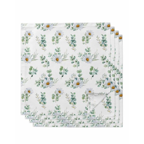 Daisy Cloth Napkins Set of 4 Reusable Dinner Napkins, Spring Eucalyptus Leaves Flowers Botanical Country Cocktail Napkin Washable Table Napkins for Wedding/Holiday Party/Baby Shower 20"x20"